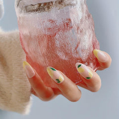 Pink Almond Press On Nails Yellow Tip Lemon Pattern Short Full Cover False Nails