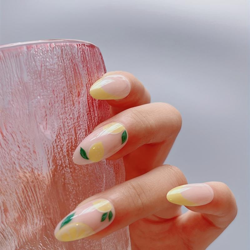 Pink Almond Press On Nails Yellow Tip Lemon Pattern Short Full Cover False Nails