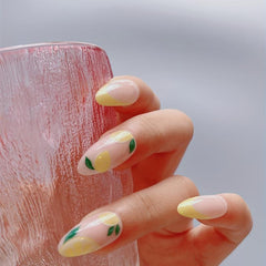 Pink Almond Press On Nails Yellow Tip Lemon Pattern Short Full Cover False Nails