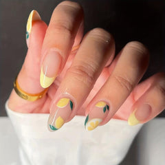 Pink Almond Press On Nails Yellow Tip Lemon Pattern Short Full Cover False Nails