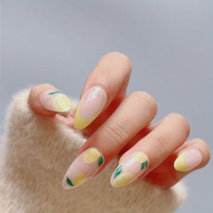 Pink Almond Press On Nails Yellow Tip Lemon Pattern Short Full Cover False Nails