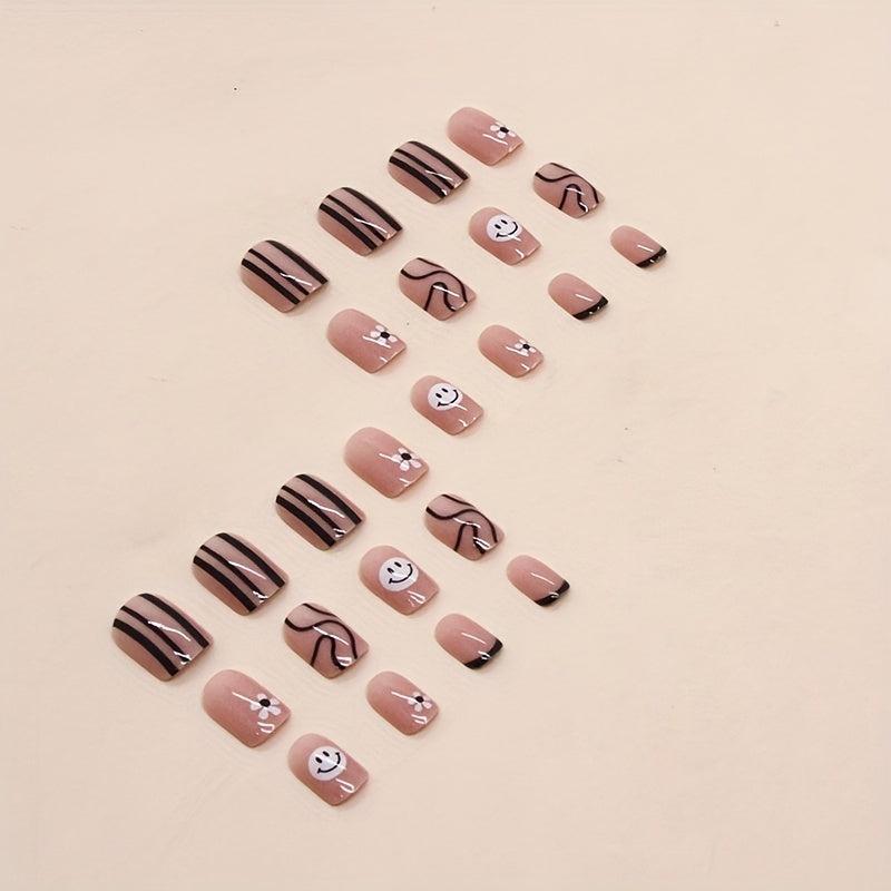24pcs Flower Smile Face Press On Nails Glossy Full Cover False Nails