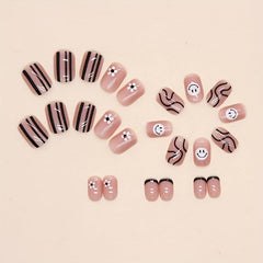 24pcs Flower Smile Face Press On Nails Glossy Full Cover False Nails