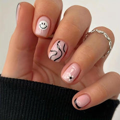 24pcs Flower Smile Face Press On Nails Glossy Full Cover False Nails