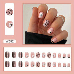 24pcs Flower Smile Face Press On Nails Glossy Full Cover False Nails
