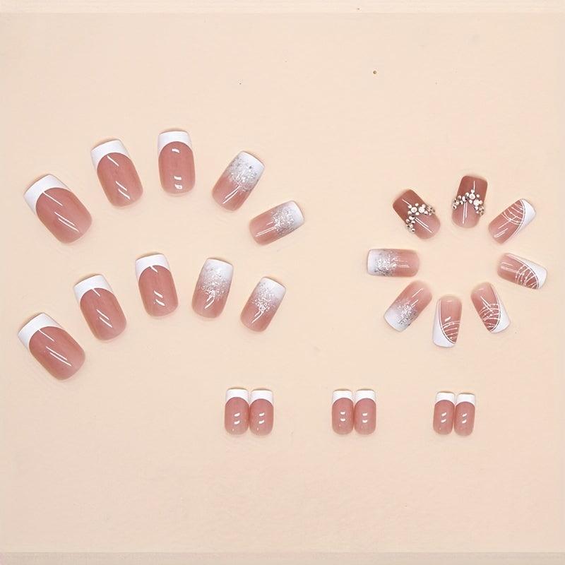24pcs Glitter French Tip Press On Nails with Rhinestones