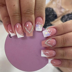 24pcs Glitter French Tip Press On Nails with Rhinestones