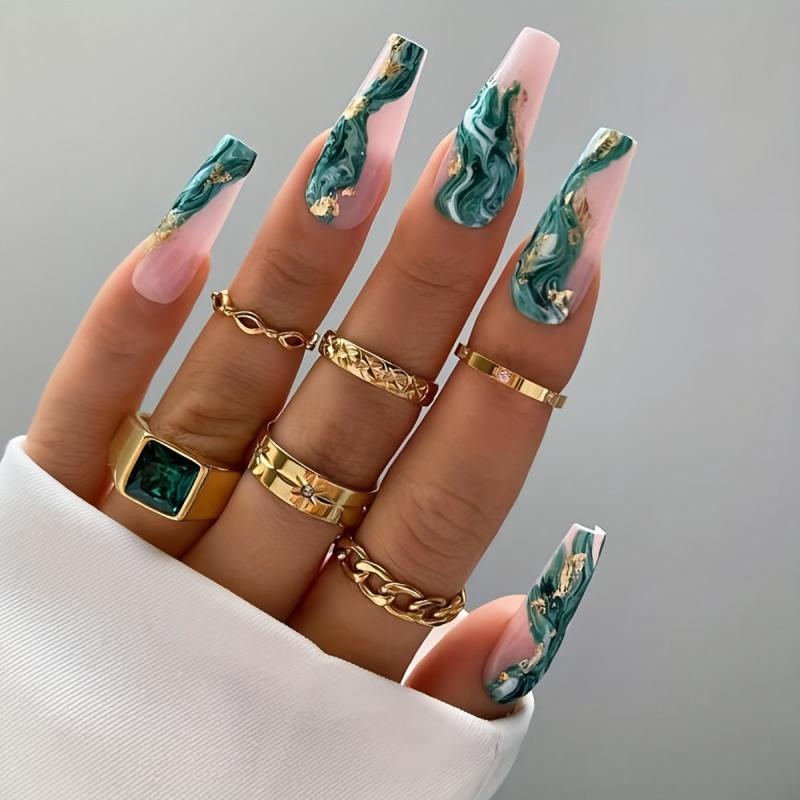 24pcs Emerald Green Ballerina Press On Nails with Gold Foil Full Coverage