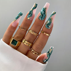 24pcs Emerald Green Ballerina Press On Nails with Gold Foil Full Coverage