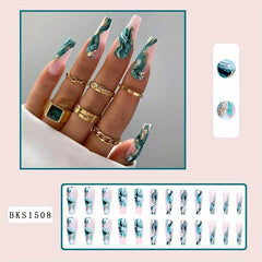 24pcs Emerald Green Ballerina Press On Nails with Gold Foil Full Coverage