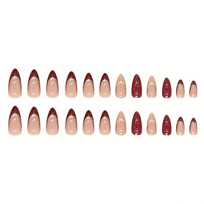 24pcs Wine Red Almond Press On Nails with Golden Glitter