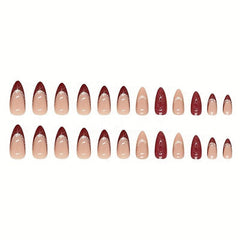 24pcs Wine Red Almond Press On Nails with Golden Glitter