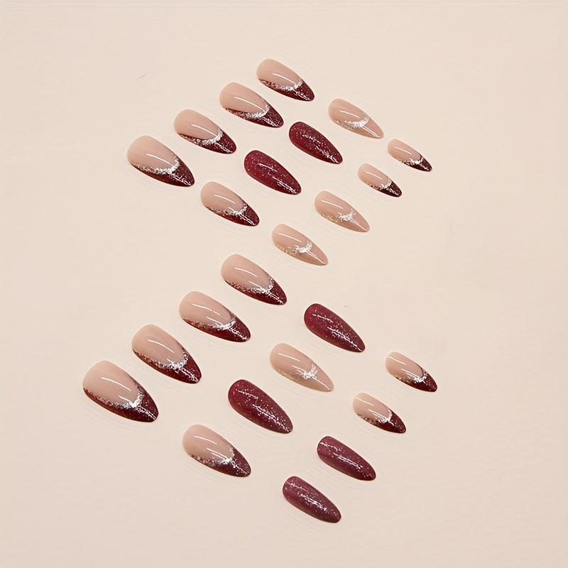 24pcs Wine Red Almond Press On Nails with Golden Glitter