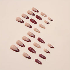 24pcs Wine Red Almond Press On Nails with Golden Glitter