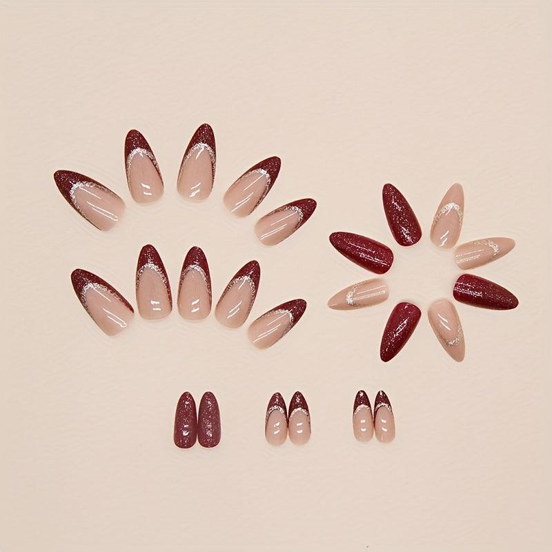 24pcs Wine Red Almond Press On Nails with Golden Glitter