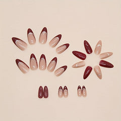 24pcs Wine Red Almond Press On Nails with Golden Glitter