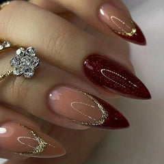 24pcs Wine Red Almond Press On Nails with Golden Glitter