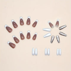 24pcs Silver French Tip Press On Nails with Glitter Sequin & Rhinestone
