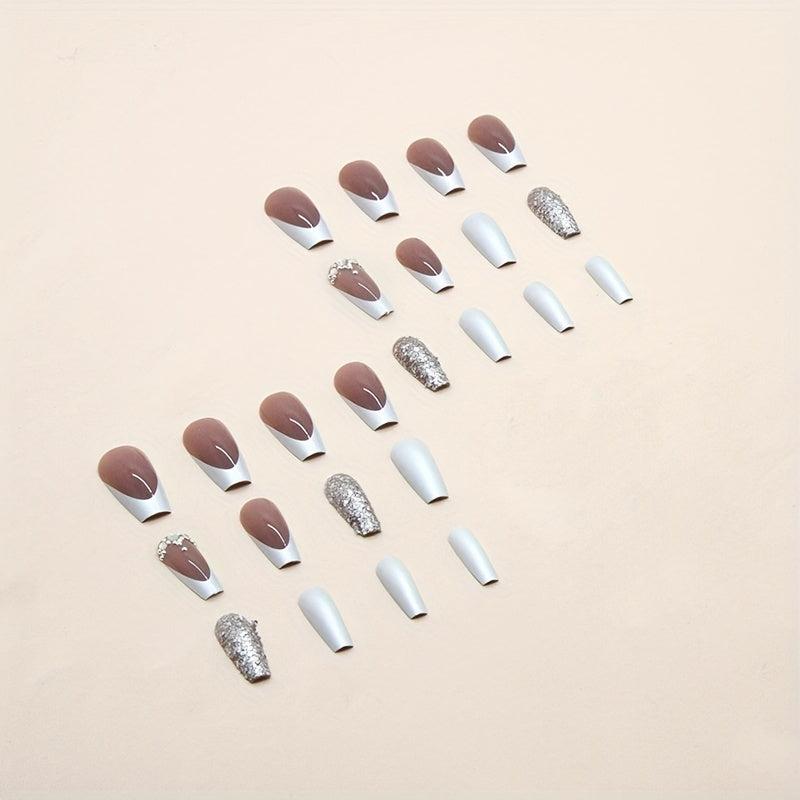 24pcs Silver French Tip Press On Nails with Glitter Sequin & Rhinestone