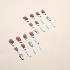 24pcs Silver French Tip Press On Nails with Glitter Sequin & Rhinestone