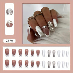 24pcs Silver French Tip Press On Nails with Glitter Sequin & Rhinestone