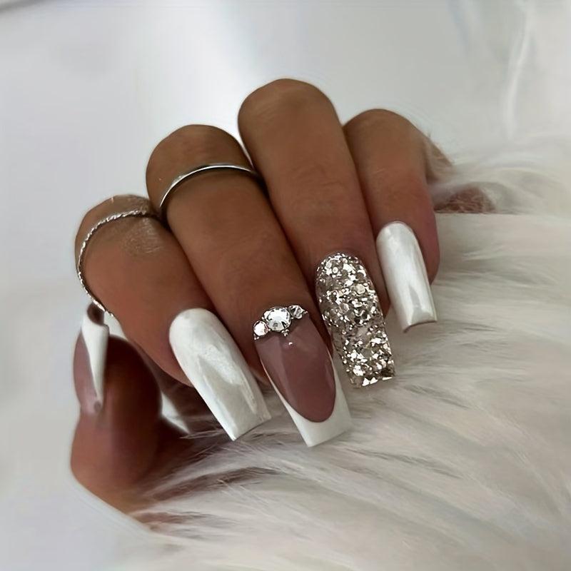 24pcs Silver French Tip Press On Nails with Glitter Sequin & Rhinestone