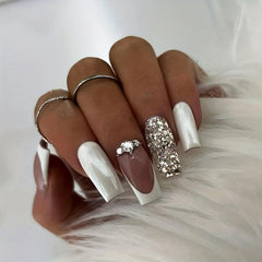 24pcs Silver French Tip Press On Nails with Glitter Sequin & Rhinestone