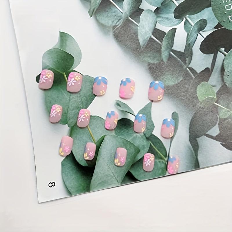 24pcs Daisy Press On Nails Matte Pink Square Acrylic False Nails
