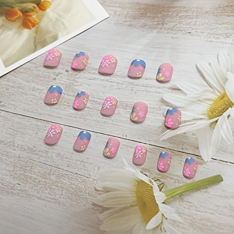 24pcs Daisy Press On Nails Matte Pink Square Acrylic False Nails