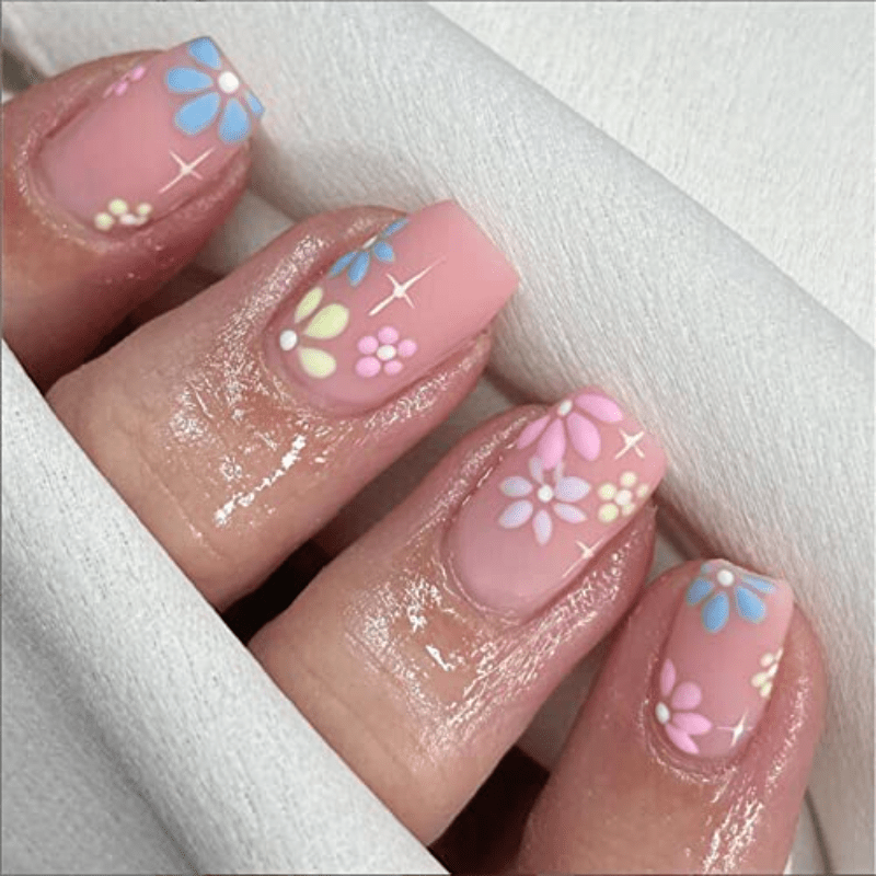 24pcs Daisy Press On Nails Matte Pink Square Acrylic False Nails