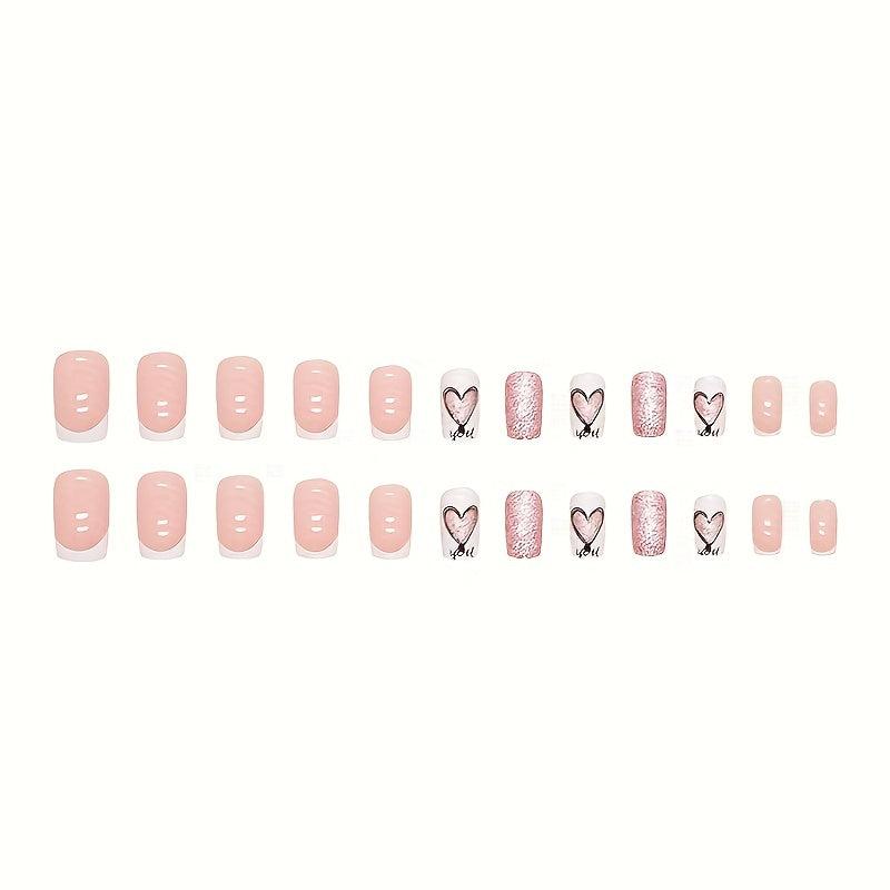 24pcs Glossy Heart Press On Nails with Golden Glitter Medium Square False Nails