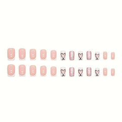 24pcs Glossy Heart Press On Nails with Golden Glitter Medium Square False Nails
