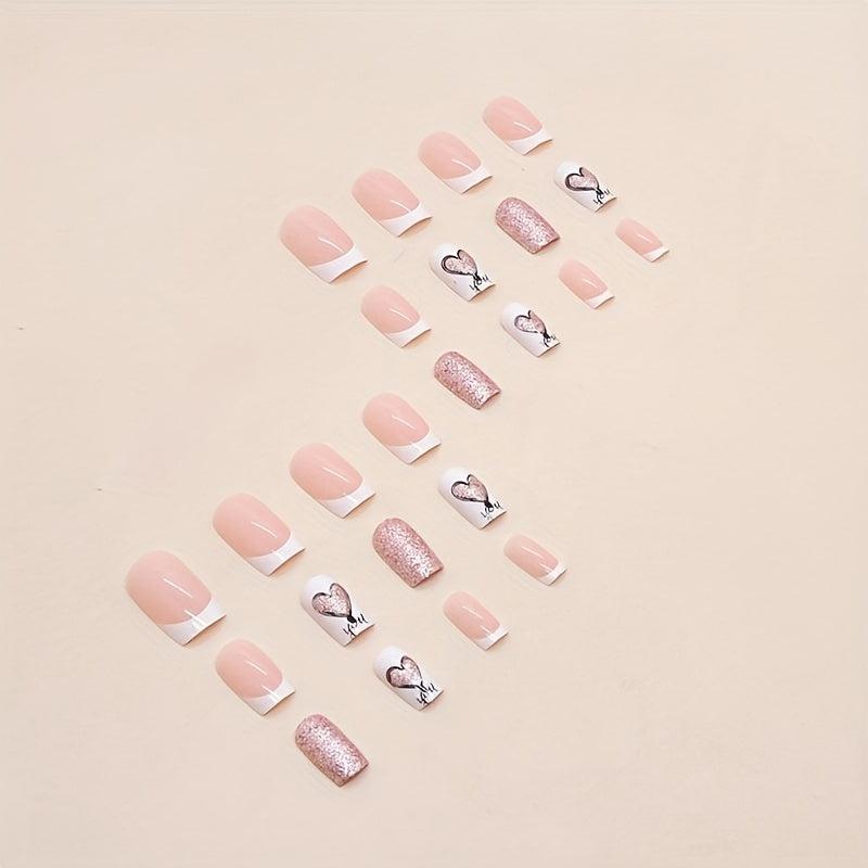24pcs Glossy Heart Press On Nails with Golden Glitter Medium Square False Nails