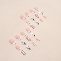 24pcs Glossy Heart Press On Nails with Golden Glitter Medium Square False Nails