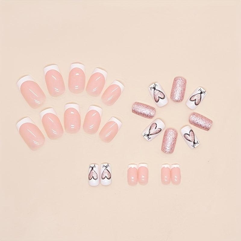 24pcs Glossy Heart Press On Nails with Golden Glitter Medium Square False Nails
