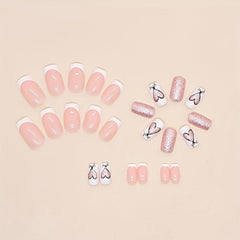 24pcs Glossy Heart Press On Nails with Golden Glitter Medium Square False Nails