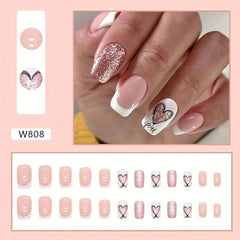 24pcs Glossy Heart Press On Nails with Golden Glitter Medium Square False Nails