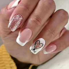 24pcs Glossy Heart Press On Nails with Golden Glitter Medium Square False Nails