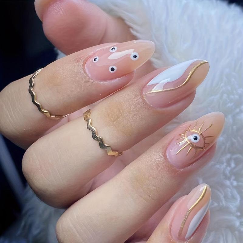 24pcs Almond Press On Nails Mystery Eyes Glitter Nude Women Girls