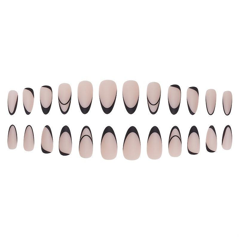 Matte Almond Shape Press On Nails Set with Art Stripes - 24 pcs