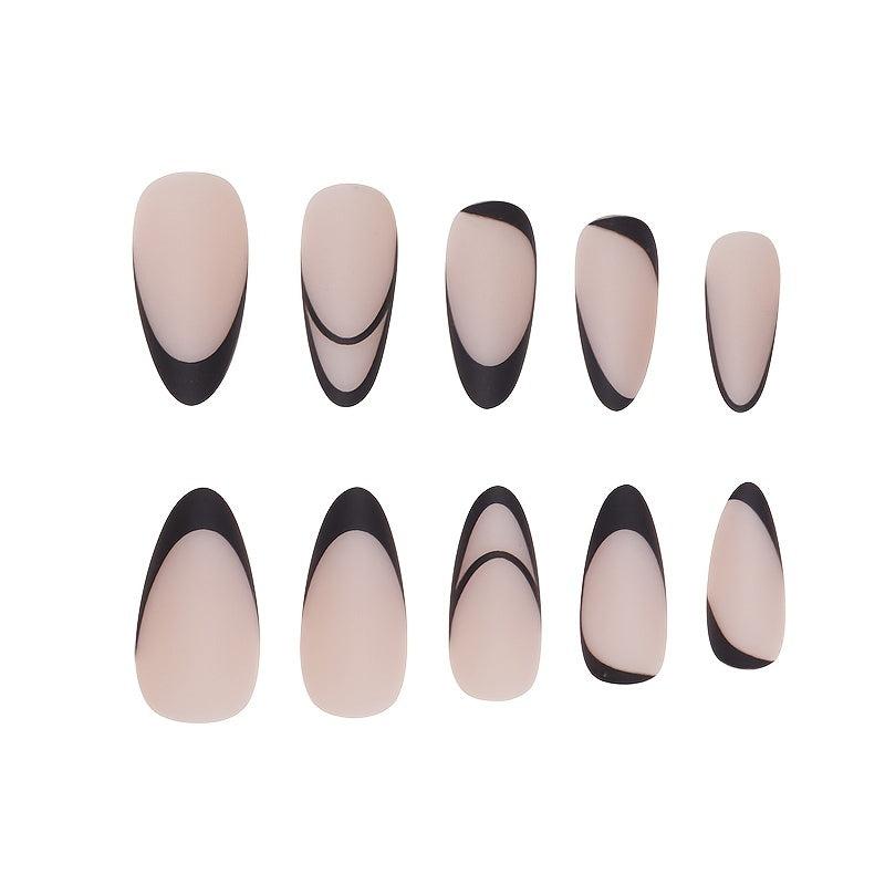 Matte Almond Shape Press On Nails Set with Art Stripes - 24 pcs