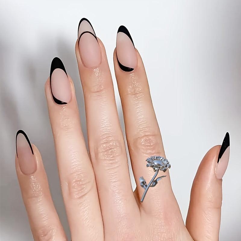 Matte Almond Shape Press On Nails Set with Art Stripes - 24 pcs