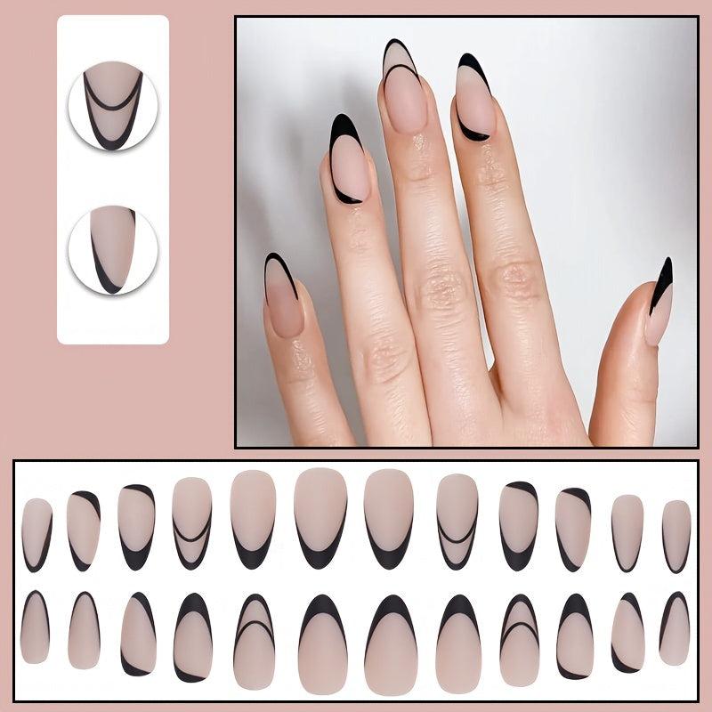 Matte Almond Shape Press On Nails Set with Art Stripes - 24 pcs
