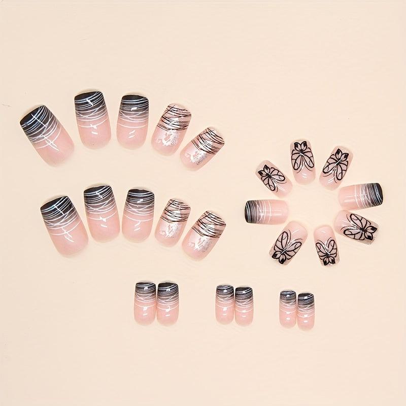 24pcs Butterfly Press On Nails with Line & Glue