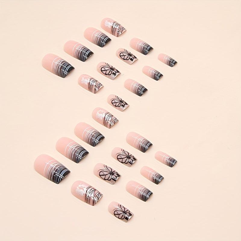 24pcs Butterfly Press On Nails with Line & Glue