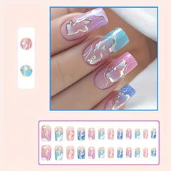 24pcs Marble Print French Press On Nails Golden Foil Medium Square Acrylic Nails