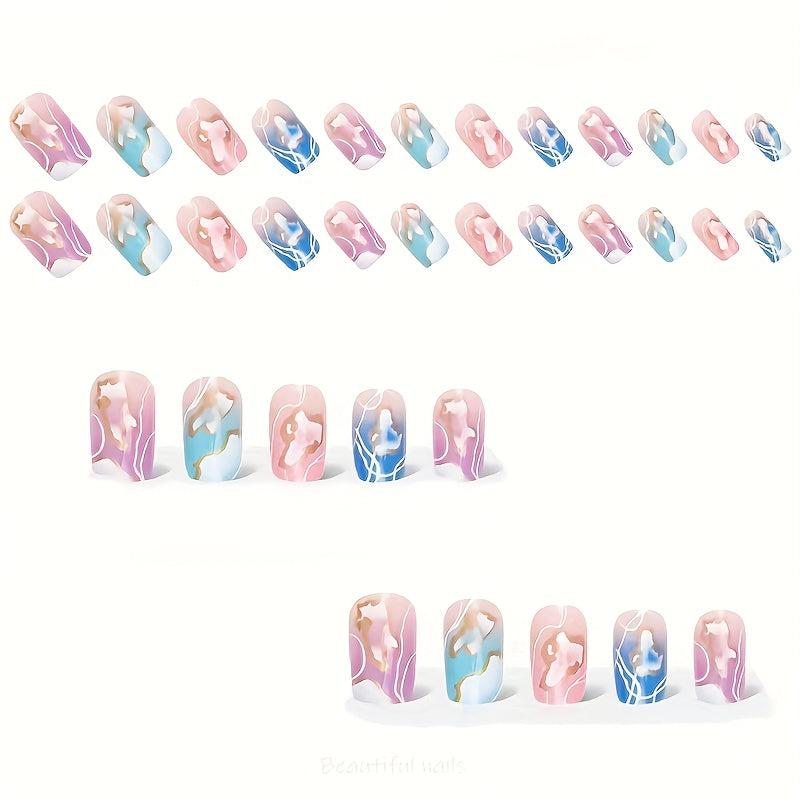 24pcs Marble Print French Press On Nails Golden Foil Medium Square Acrylic Nails