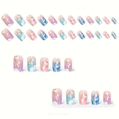 24pcs Marble Print French Press On Nails Golden Foil Medium Square Acrylic Nails