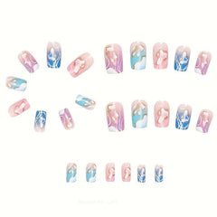 24pcs Marble Print French Press On Nails Golden Foil Medium Square Acrylic Nails