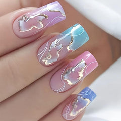 24pcs Marble Print French Press On Nails Golden Foil Medium Square Acrylic Nails